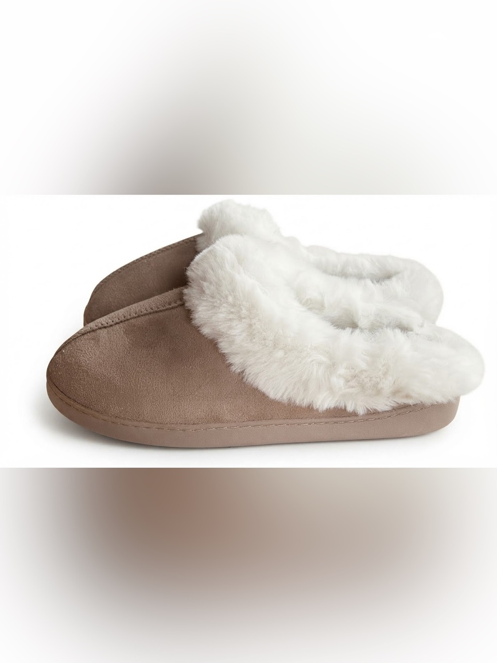 Cuddl Duds Microsuede Taupe Slip-On Faux-Shearling Lined Slippers